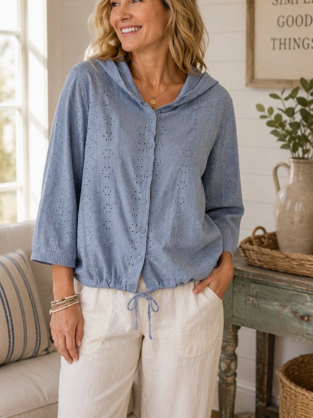 Light Blue Eyelet Hooded Button-Front Top